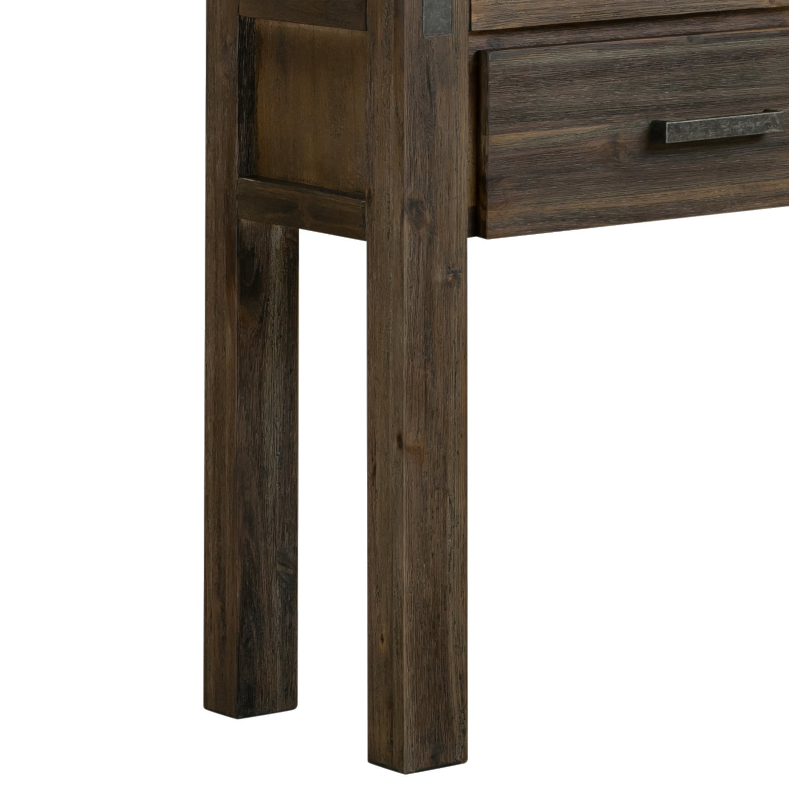 Hall table leg and drawer corner in dark acacia wood with a metal bar handle.