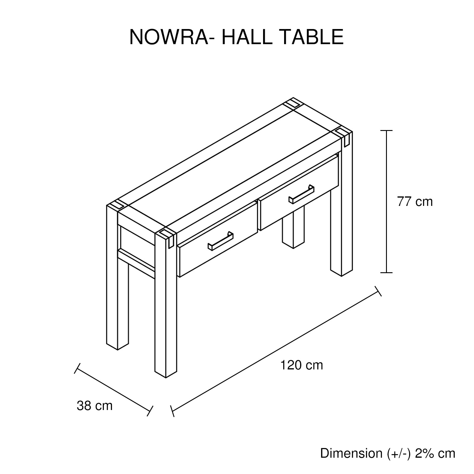 Hall table dimension diagram showing drawer layout and measurements: 120 x 77 x 38 cm.