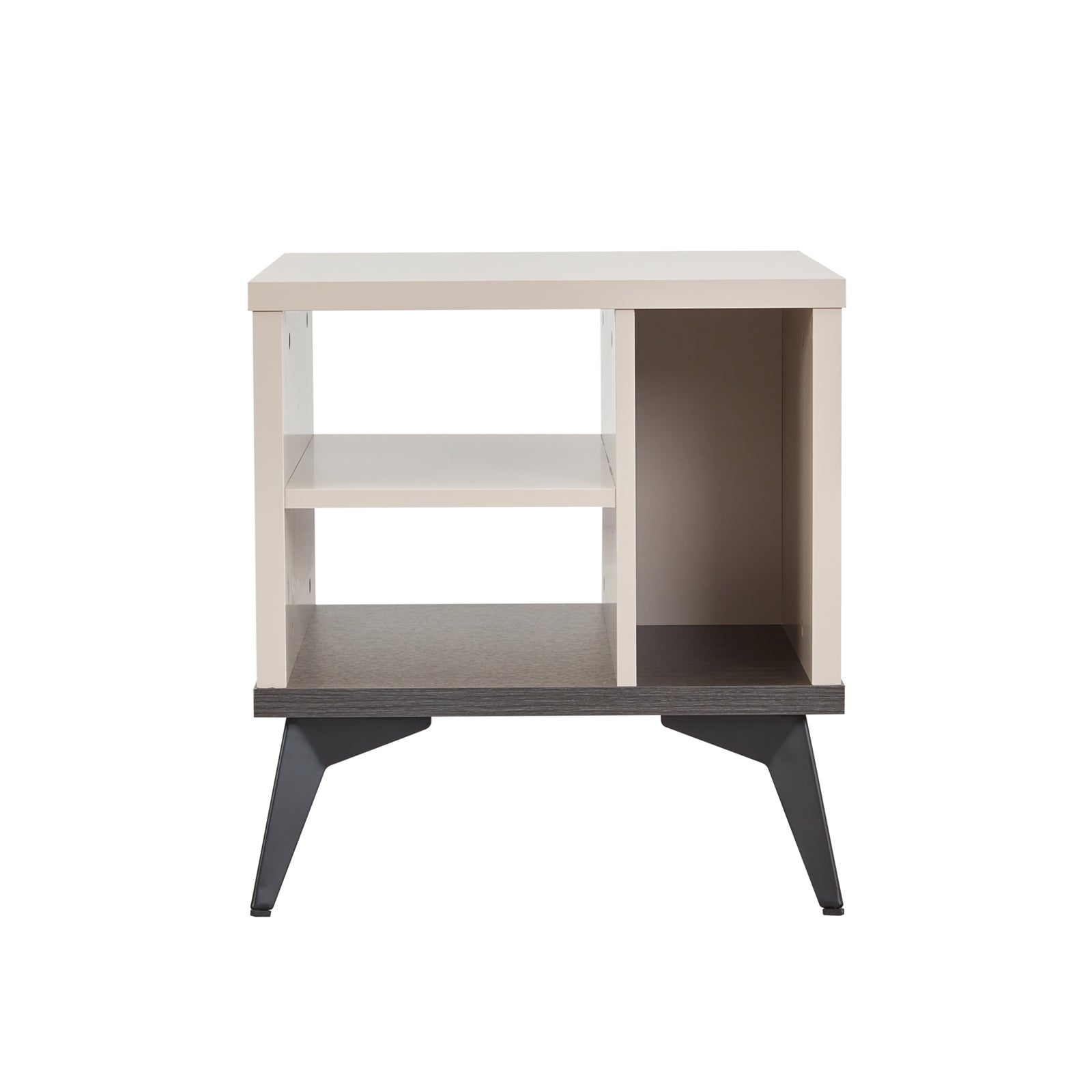 Champagne open storage side cabinet with single lower shelf and dark tapered legs