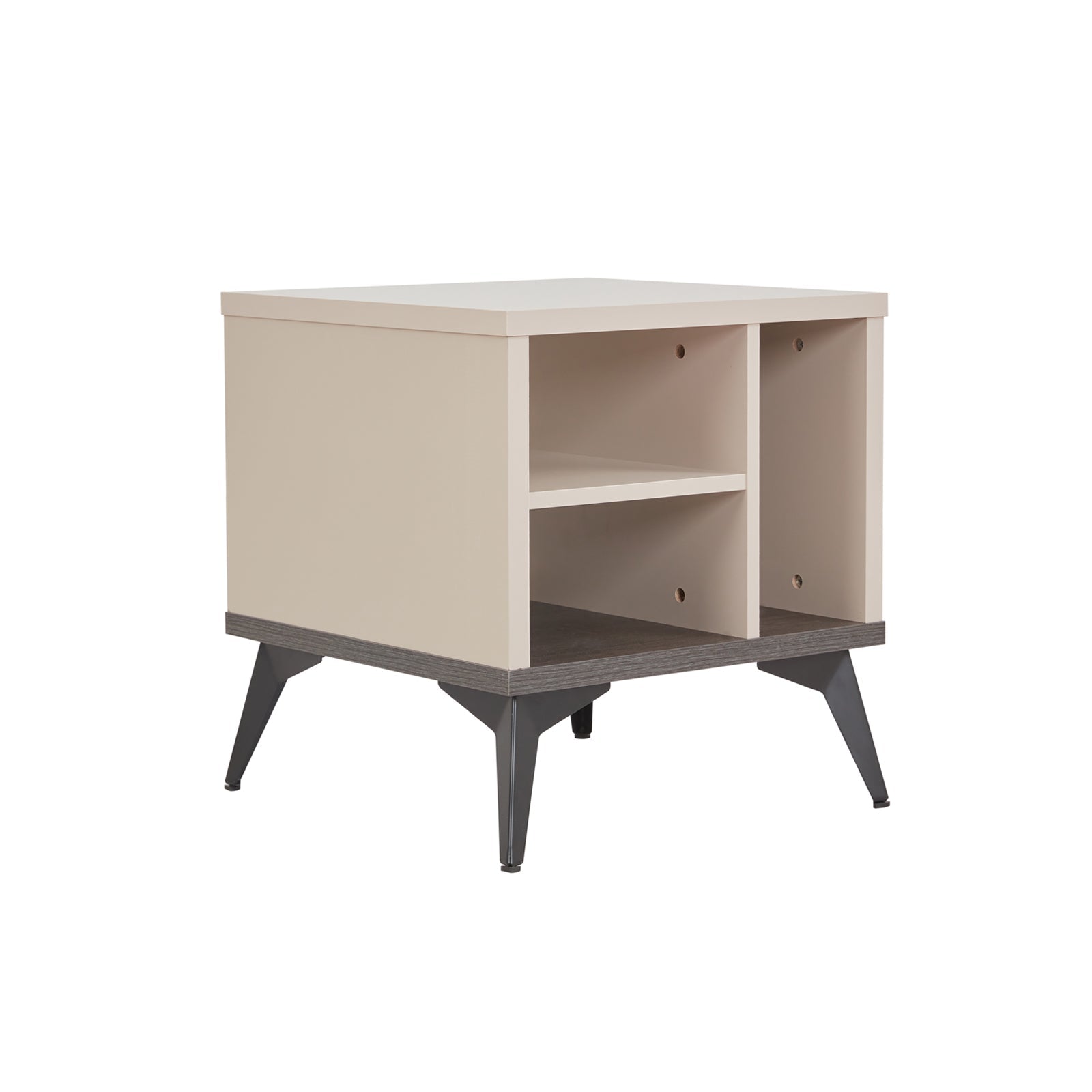 Champagne MDF side cabinet with open compartments and dark angled legs