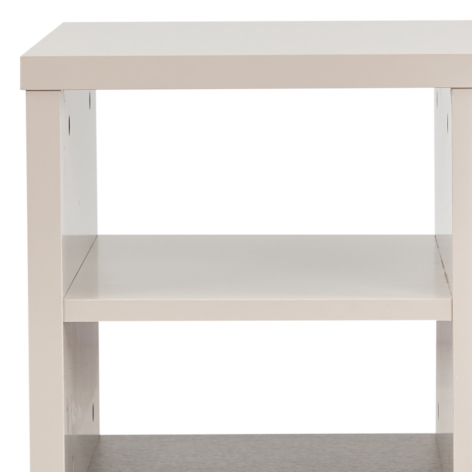 Champagne MDF open storage cabinet with two empty shelves and exposed side panels