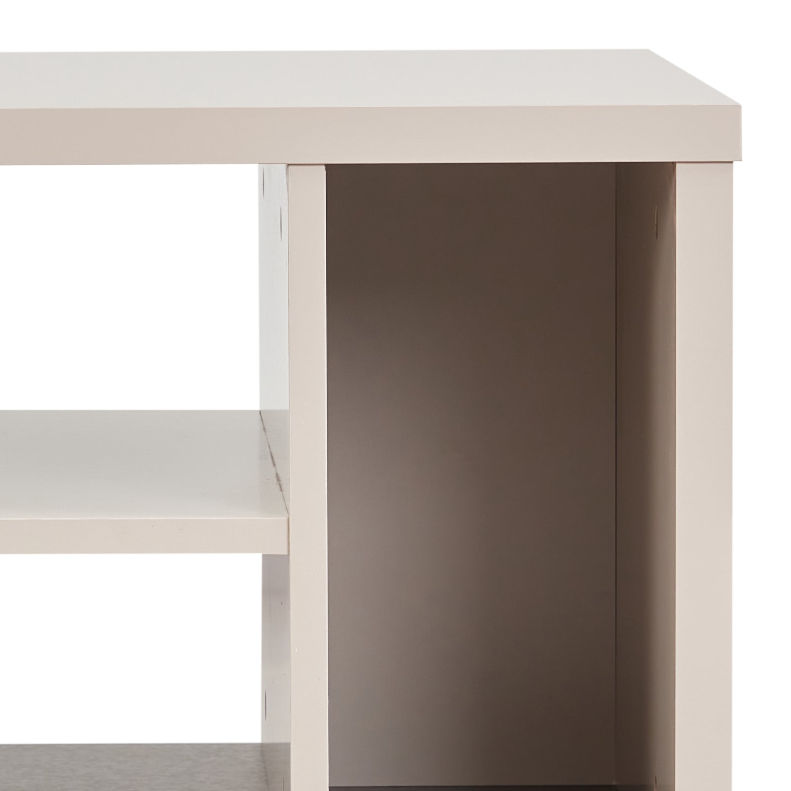 Champagne MDF open storage cabinet with side opening and dark interior backing