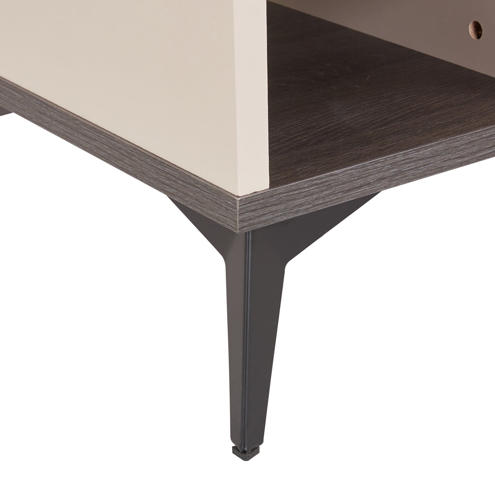 Dark tapered legs with MDF edge trim on champagne side cabinet