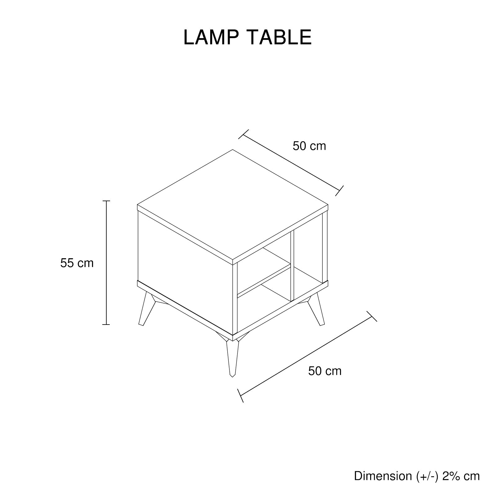 Lamp table size diagram: 55 cm height, 50 cm width, open storage cabinet