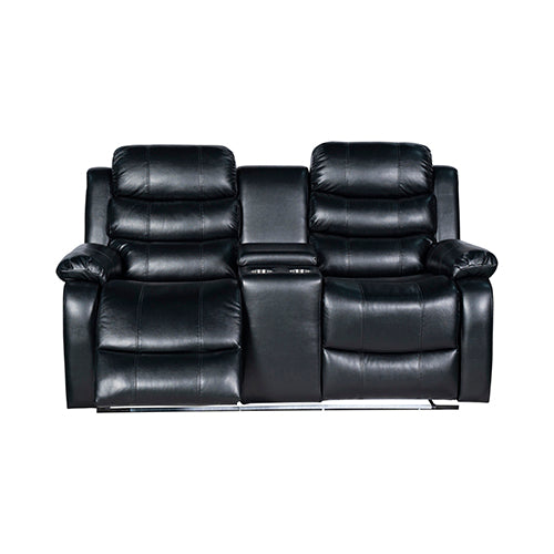 Black leatherette two-seat recliner sofa with padded headrests and armrests