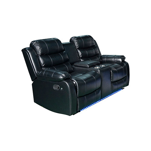 Black leatherette recliner sofa with console, open recline seats, and LED light