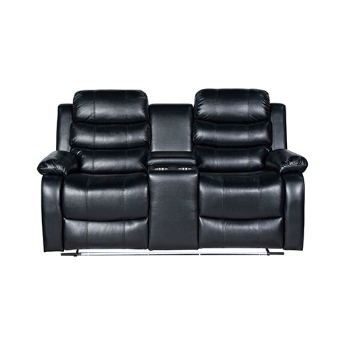 Black leatherette two-seat recliner sofa with center console and padded armrests