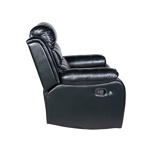 Black leatherette recliner chair with padded armrest and recline control panel
