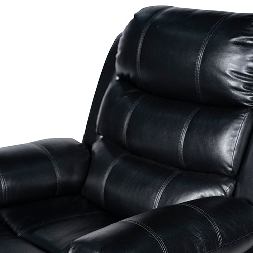 Black leatherette recliner with stitched cushions and padded armrests