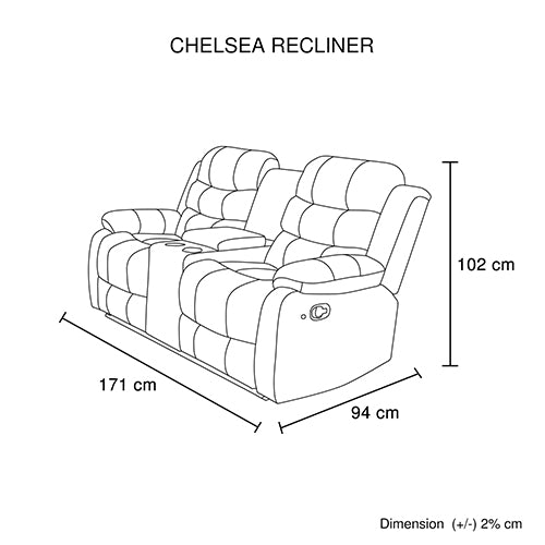 Recliner sofa size diagram with labeled dimensions 171 cm by 102 cm and 94 cm