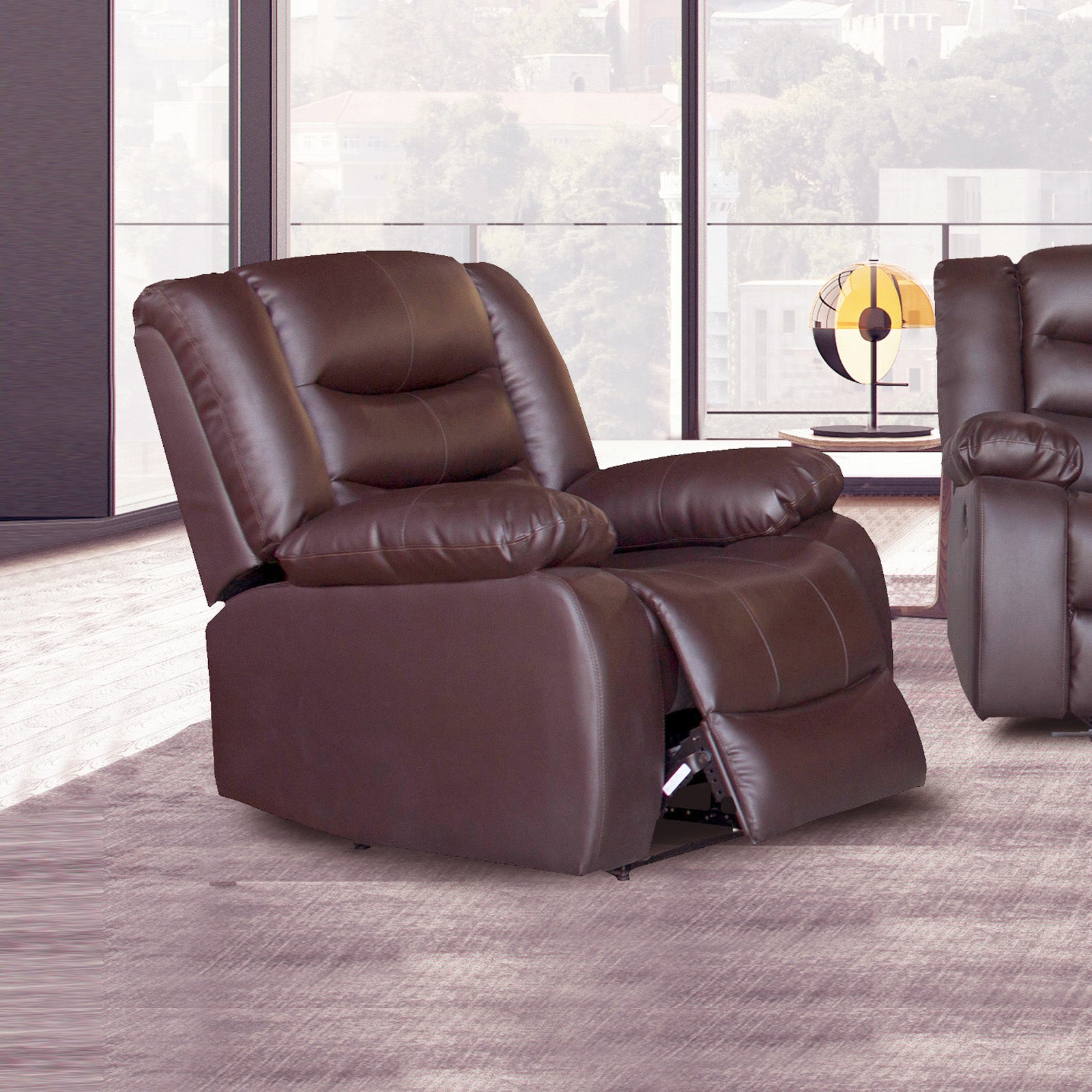 Brown faux leather single recliner sofa chair with cushioned armrests and footrest extended
