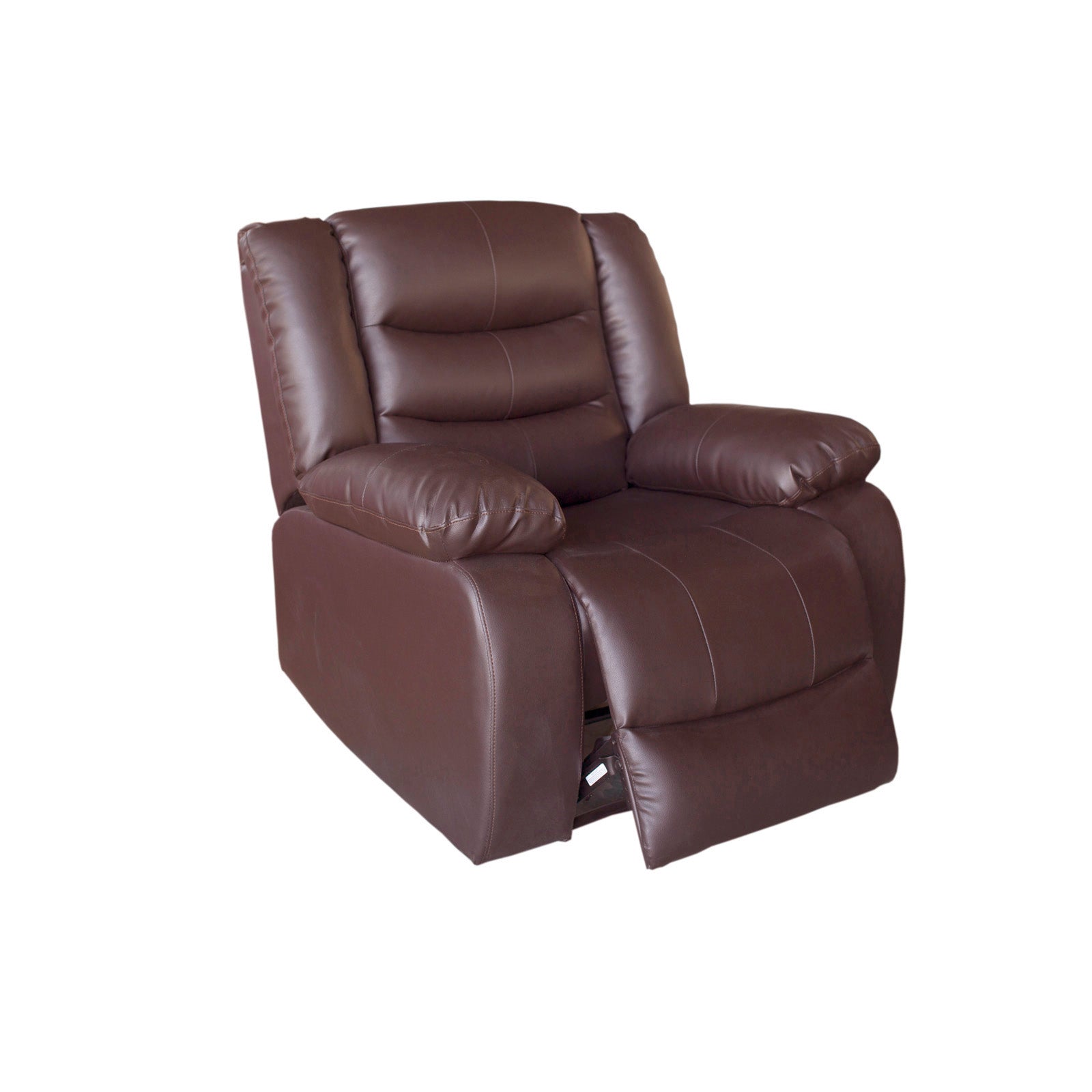 Brown faux leather recliner sofa chair with padded arms and reclining footrest