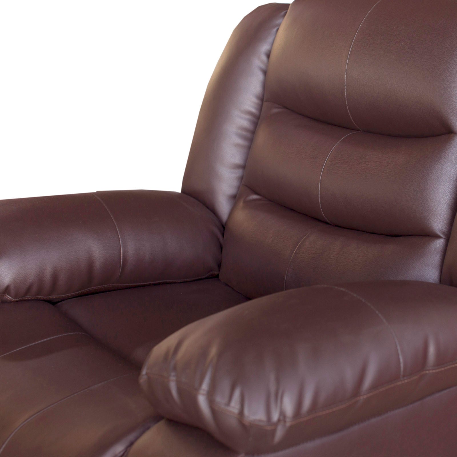 Brown faux leather recliner sofa chair with thick arm cushion and padded footrest