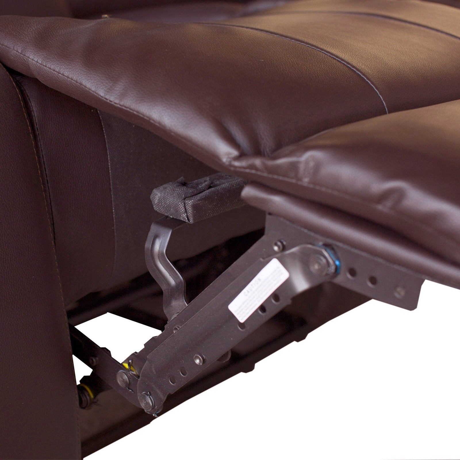 Brown faux leather recliner sofa chair showing reclining mechanism under the seat