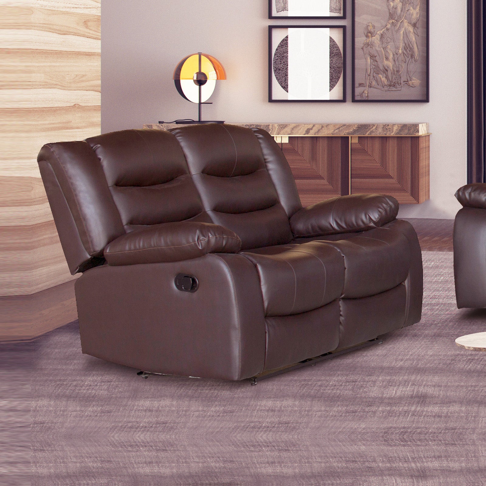 Brown faux leather 2-seat recliner sofa with padded armrests and a reclining footrest.