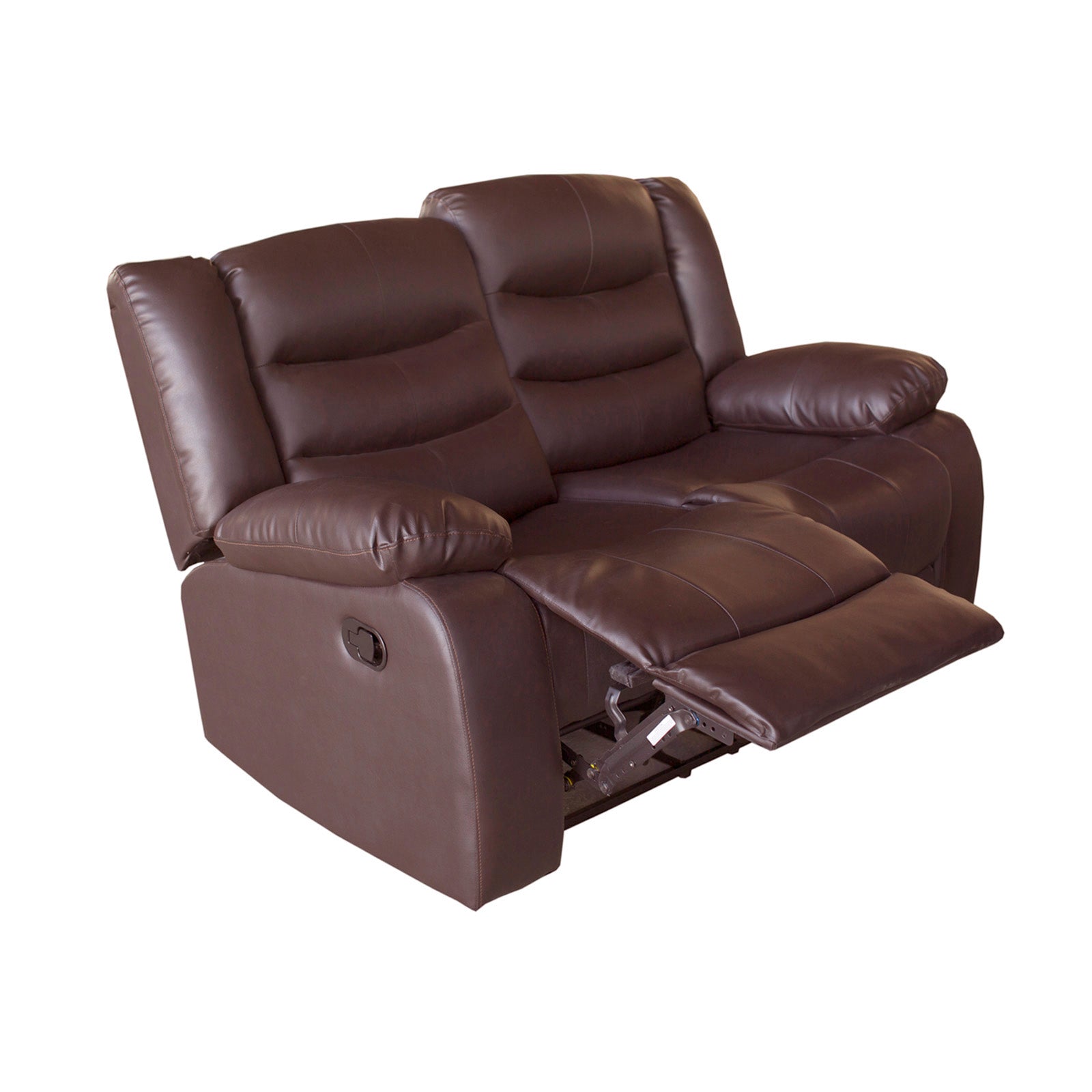 Brown faux leather recliner sofa, 2-seat design, with tufted backrests and side arms.