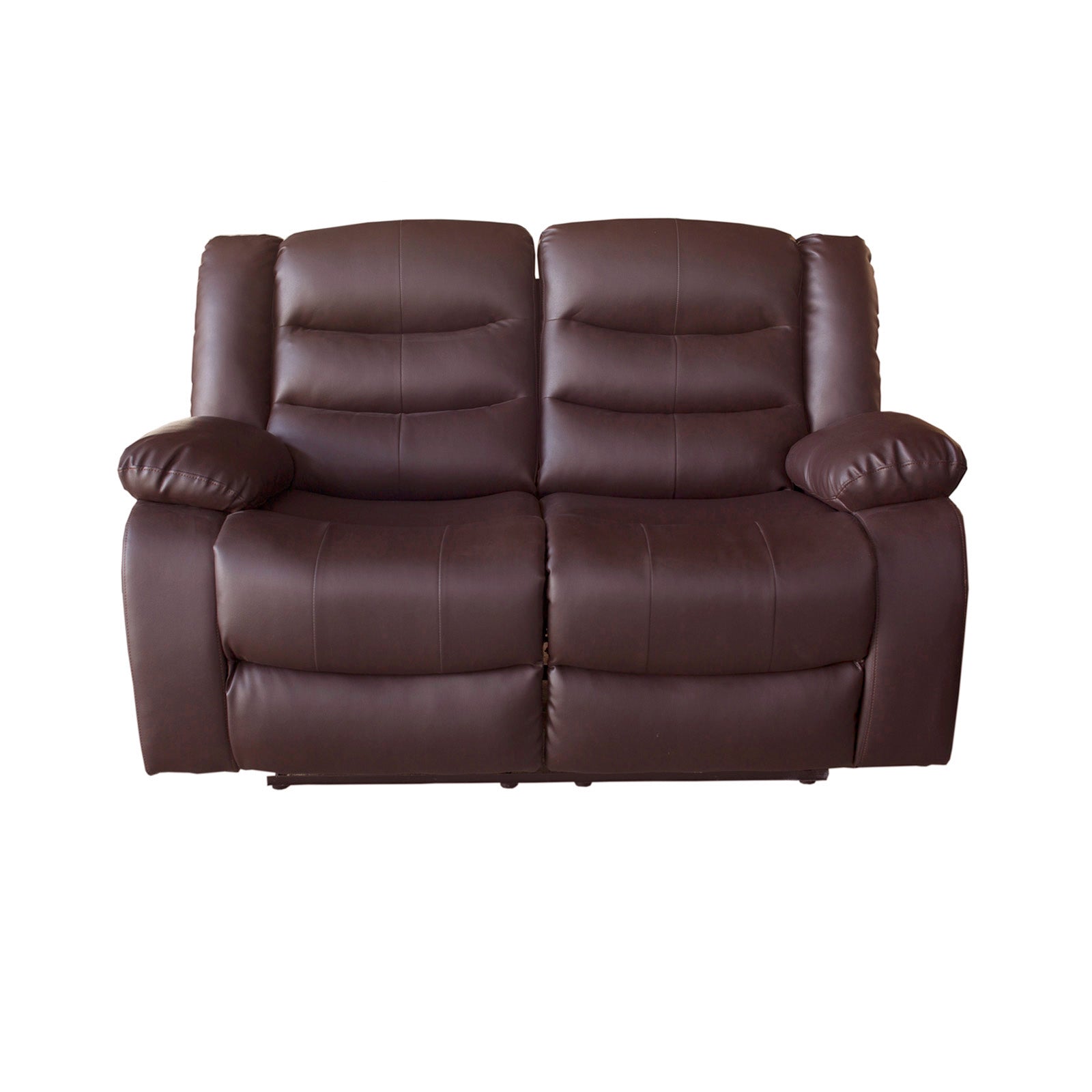 Brown faux leather 2-seat recliner sofa with dual padded seats and cushioned armrests.
