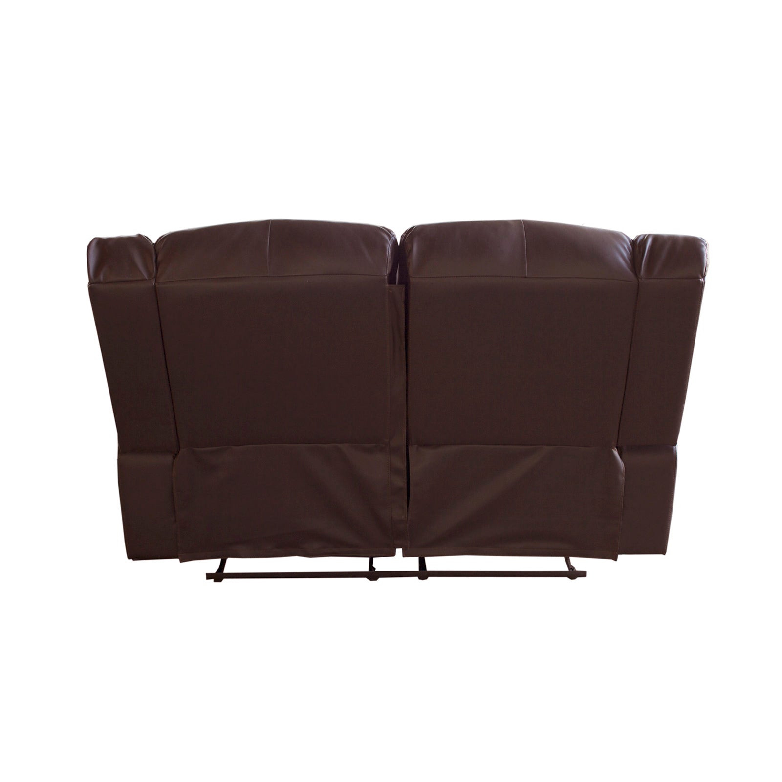 Brown faux leather 2-seat recliner sofa back view with split center seam.