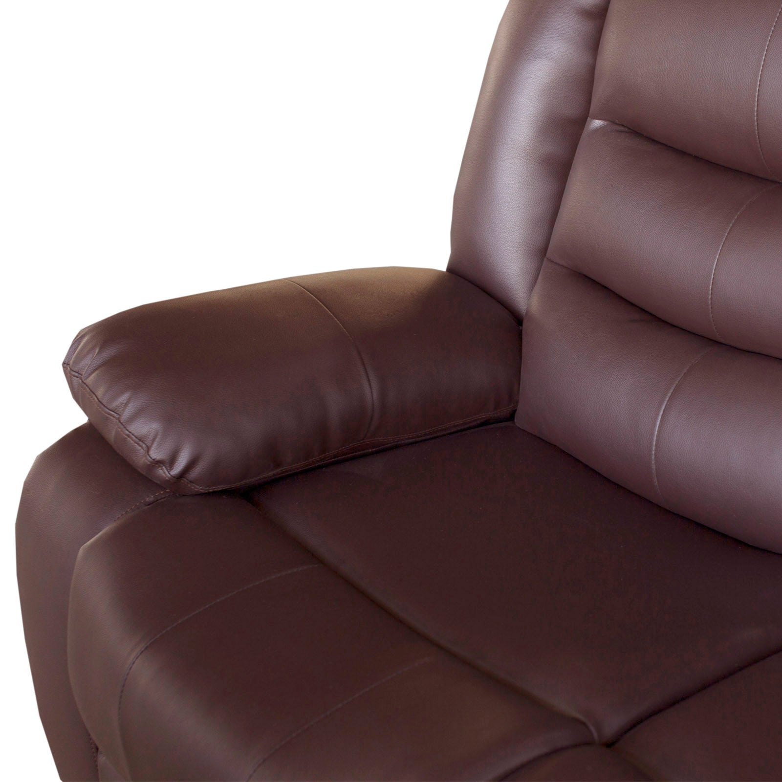 Brown faux leather recliner sofa showing extended ottoman and cushioned seat cushion.