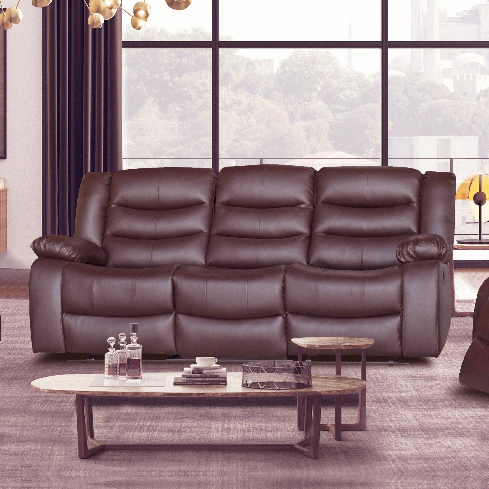 3-seater recliner sofa in brown faux leather with padded armrests and tufted seat backs