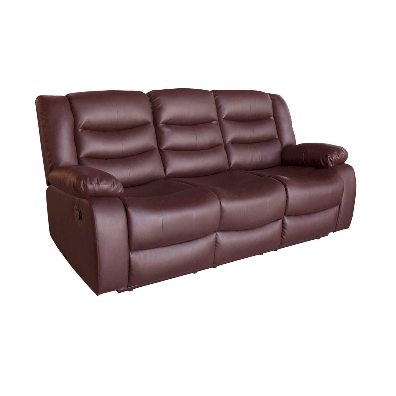 Brown faux leather 3-seater recliner sofa with wide armrests and reclining head section