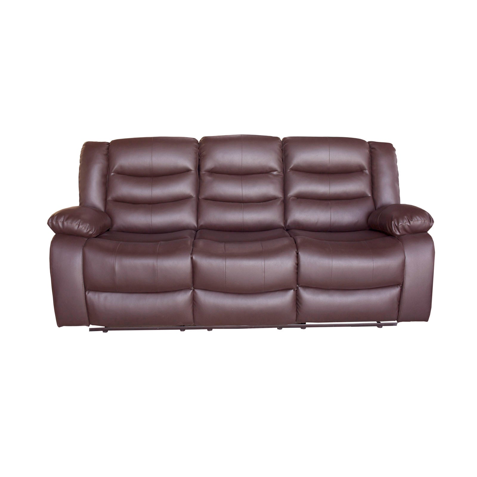 Brown faux leather 3-seater recliner sofa with three seat sections and curved backrest