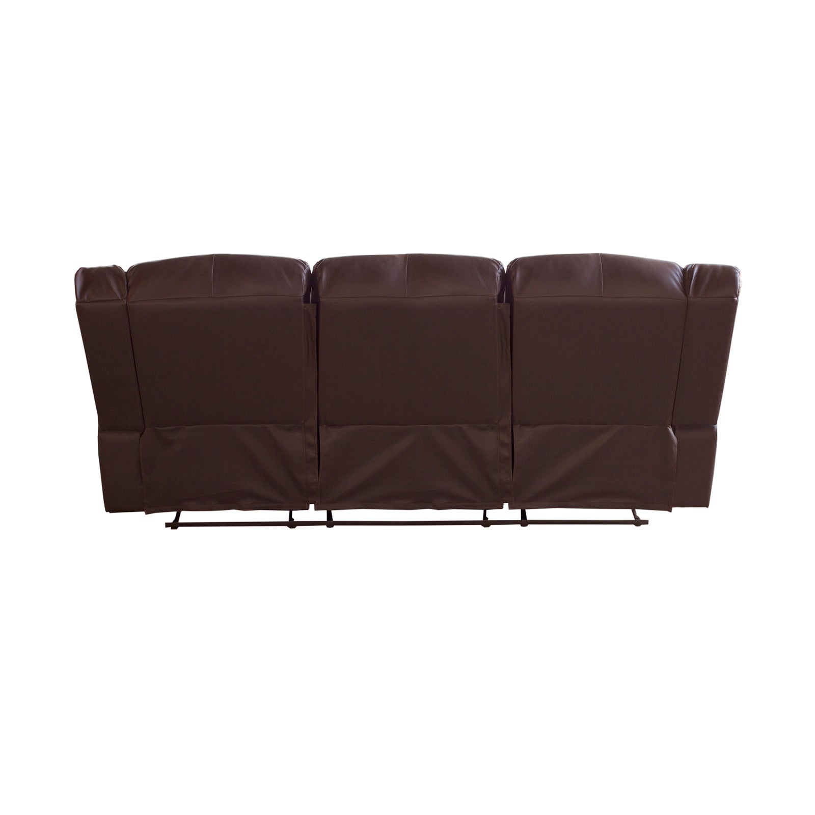 Brown faux leather 3-seater recliner sofa rear view with padded back panels