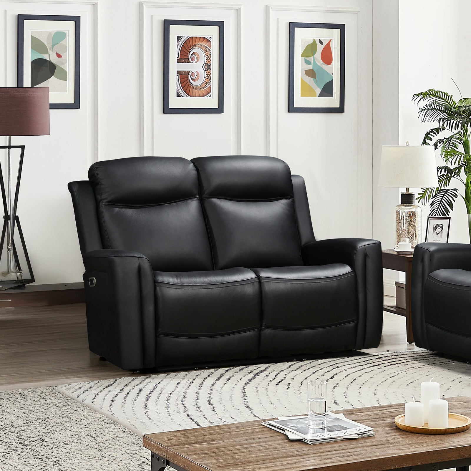 Black 2-seat electric recliner sofa with split padded seats and recline footrests
