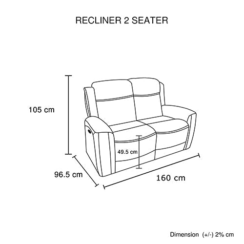Black 2-seat recliner dimension diagram: 160 cm width, 105 cm height