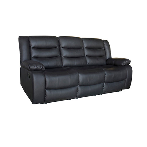 Black faux leather 3-seater recliner sofa with three cushioned headrests