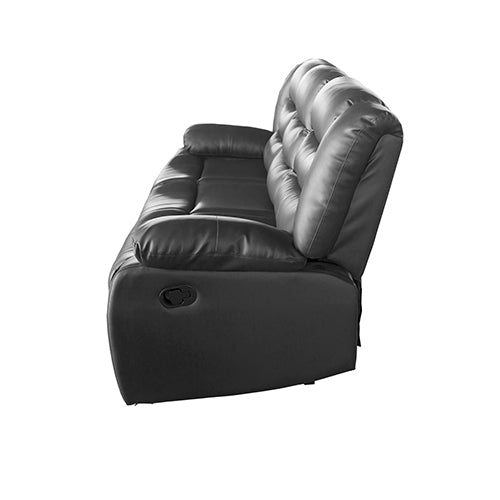 Black faux leather 3-seater recliner sofa with side control lever and reclined back