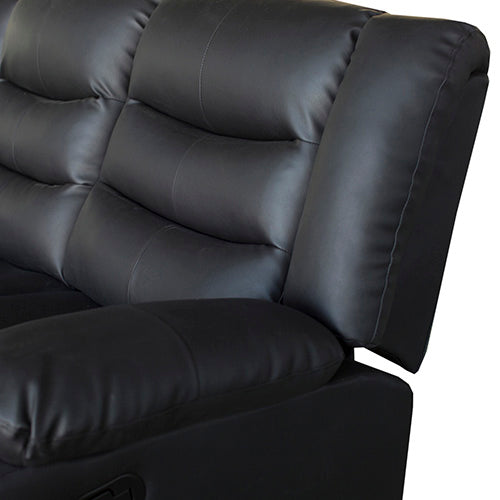 Black faux leather recliner sofa armrest and backrest with padded stitched panels