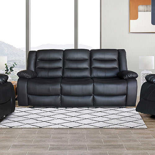 Black faux leather recliner sofa with three seat cushions and padded armrests