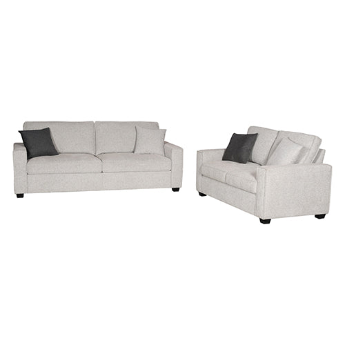 Light gray sofa set, two-piece layout with dark throw pillows