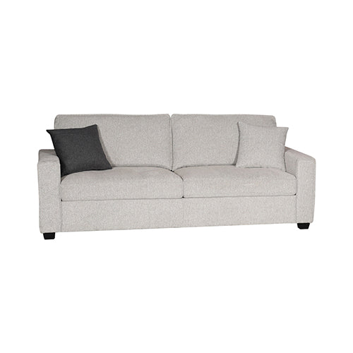 3-seater sofa with light gray fabric, tufted back cushions and dark pillow