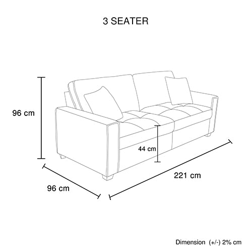 3-seater sofa dimensions: 221 cm length, 96 cm width, 96 cm height