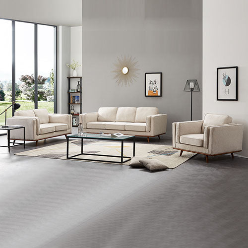 Beige fabric sofa set with two armchairs and a loveseat