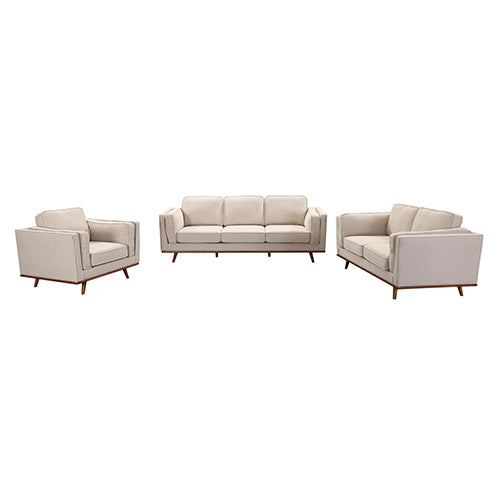 Beige fabric lounge sofa set: 3-seat sofa with two matching armchairs, wooden legs