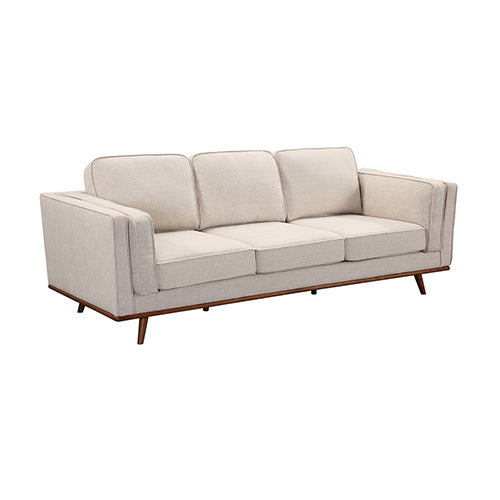 Beige 3-seat sofa with squared arms, cushioned back, and wooden legs