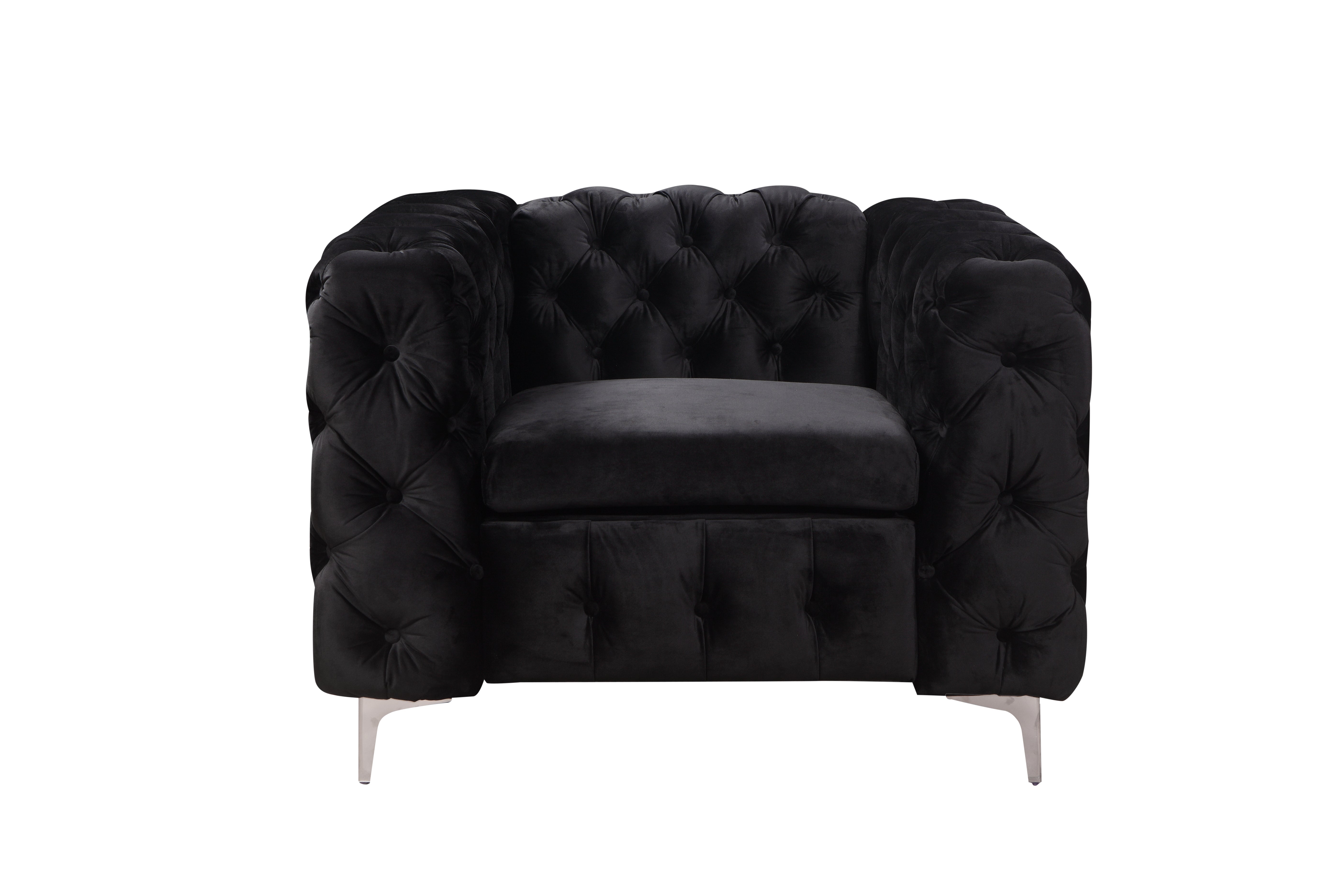 Black velvet button-tufted single-seater armchair with rolled arms and metal legs