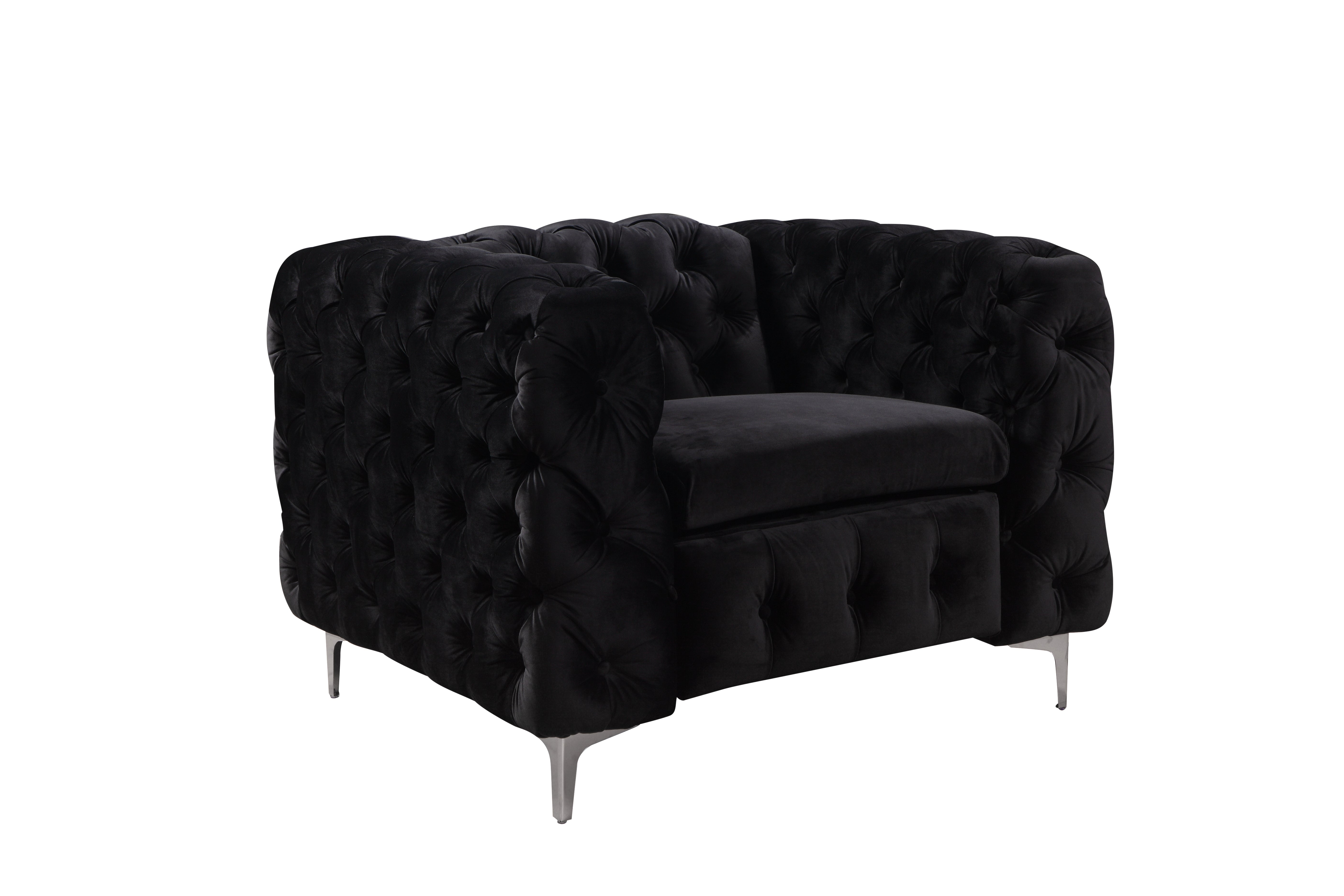 Black velvet tufted armchair with deep seat, buttoned panels, metal legs