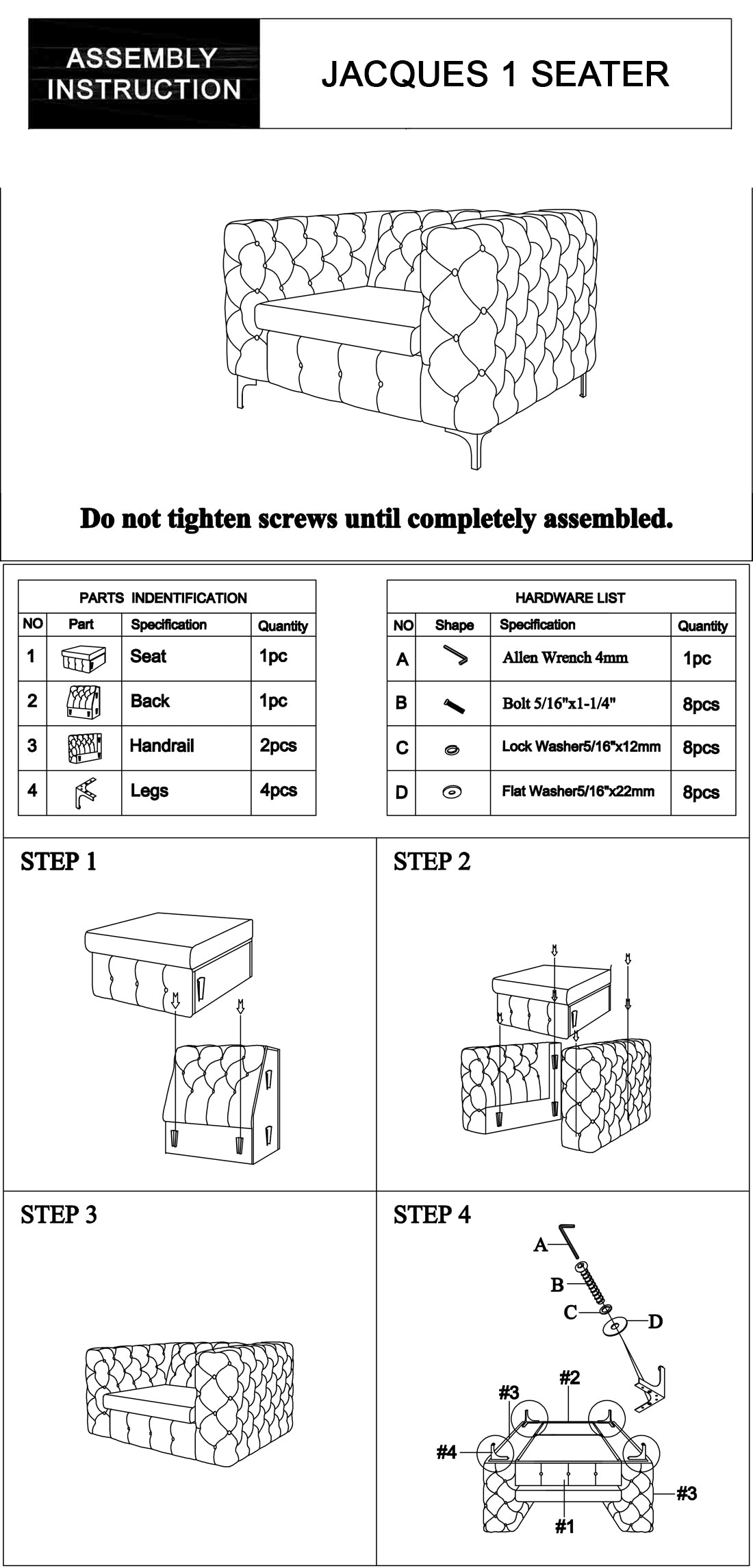 Assembly instruction diagram for 1-seat armchair with parts list