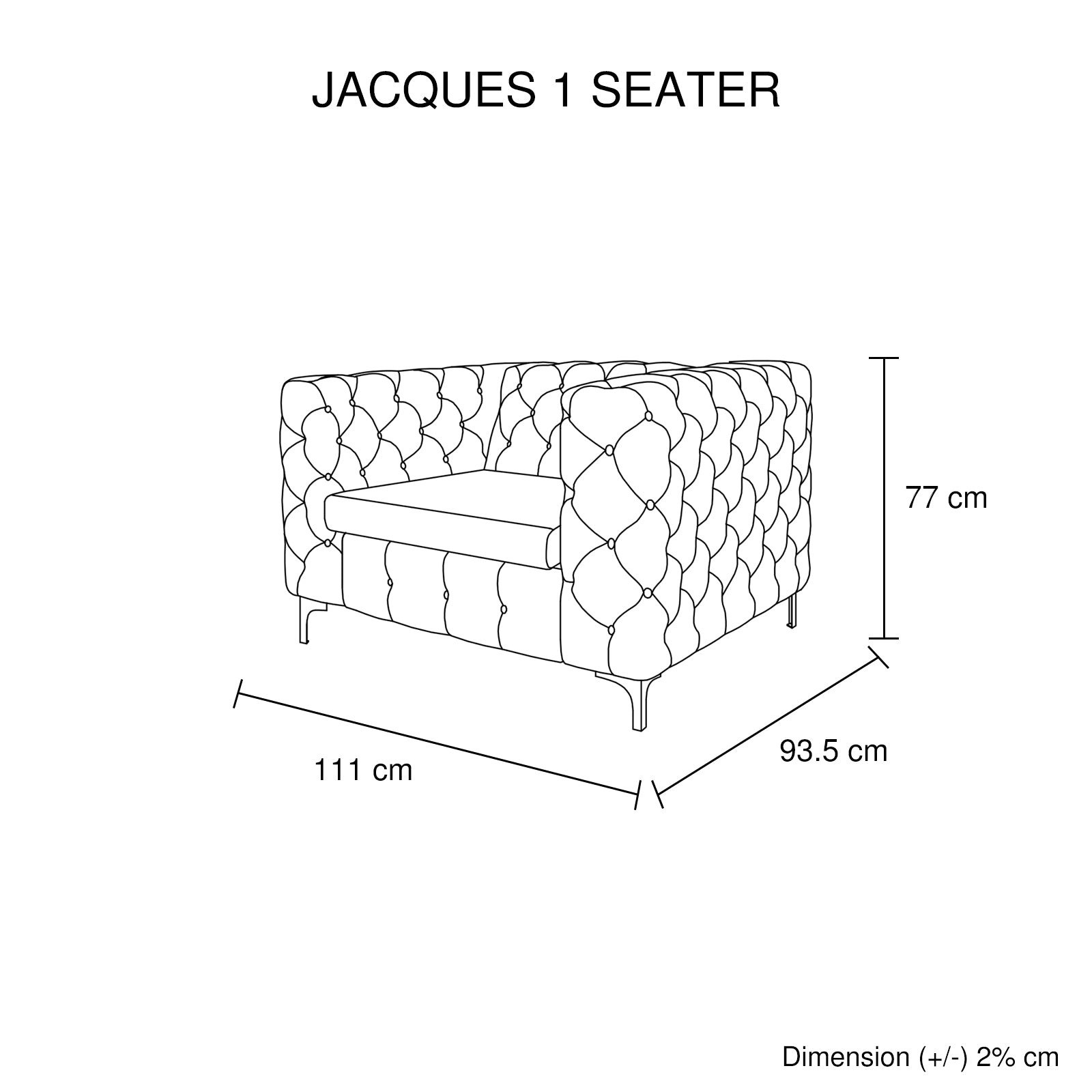 Armchair dimension diagram with 111 cm width and 77 cm height