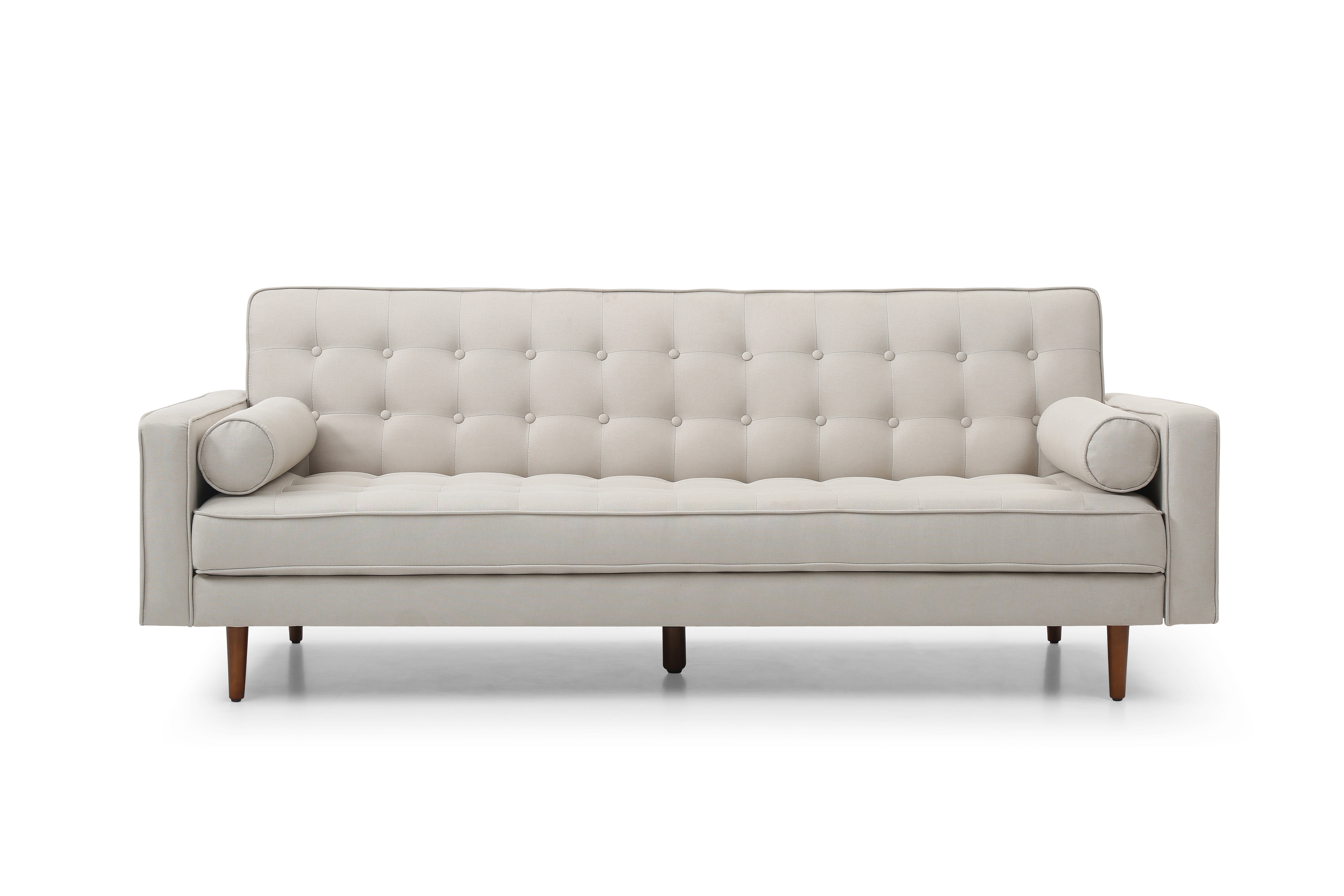 Beige button-tufted sofa bed with rounded bolster cushions and wooden legs