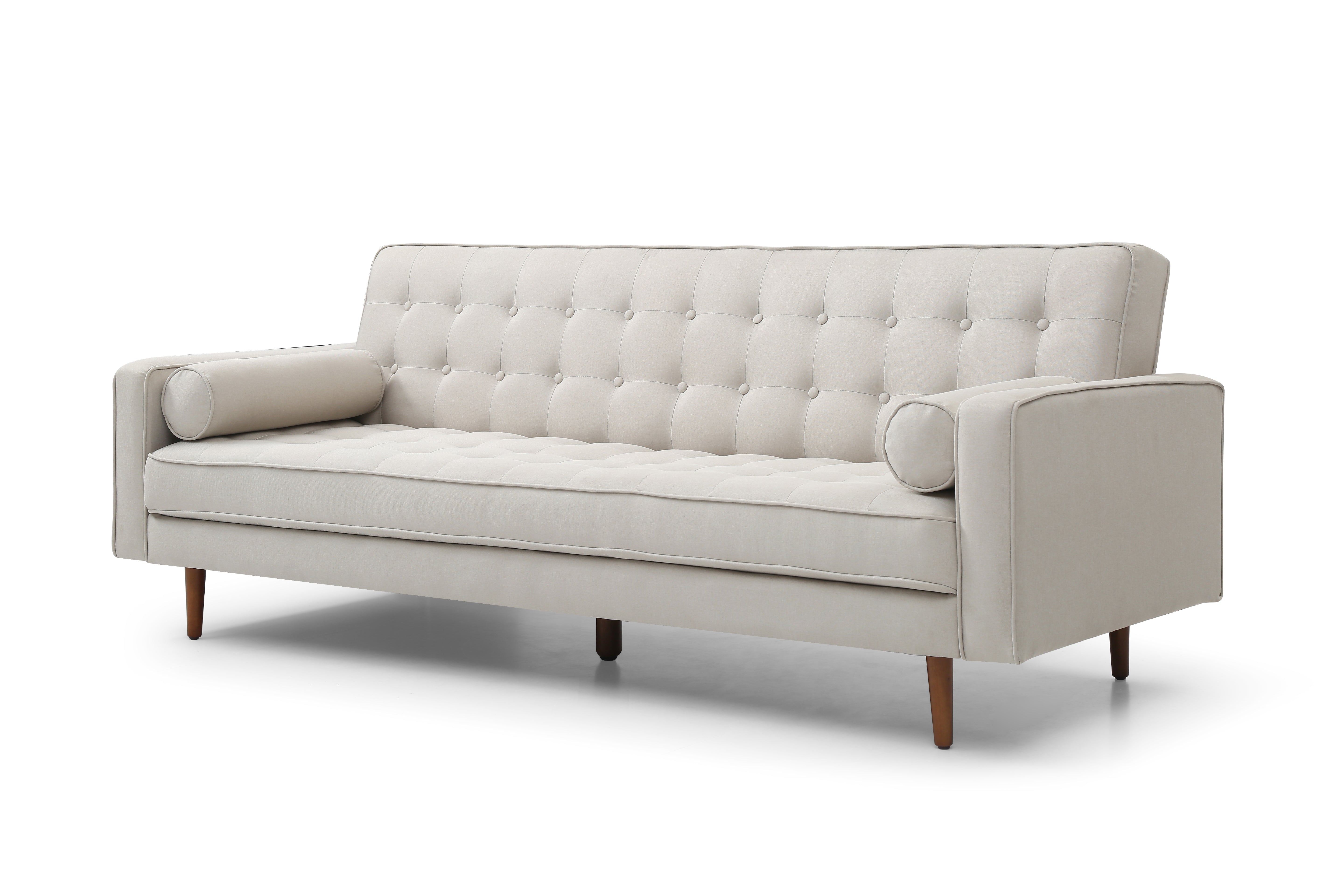 Beige fabric sofa bed with tufted back, rounded armrests, and wooden legs