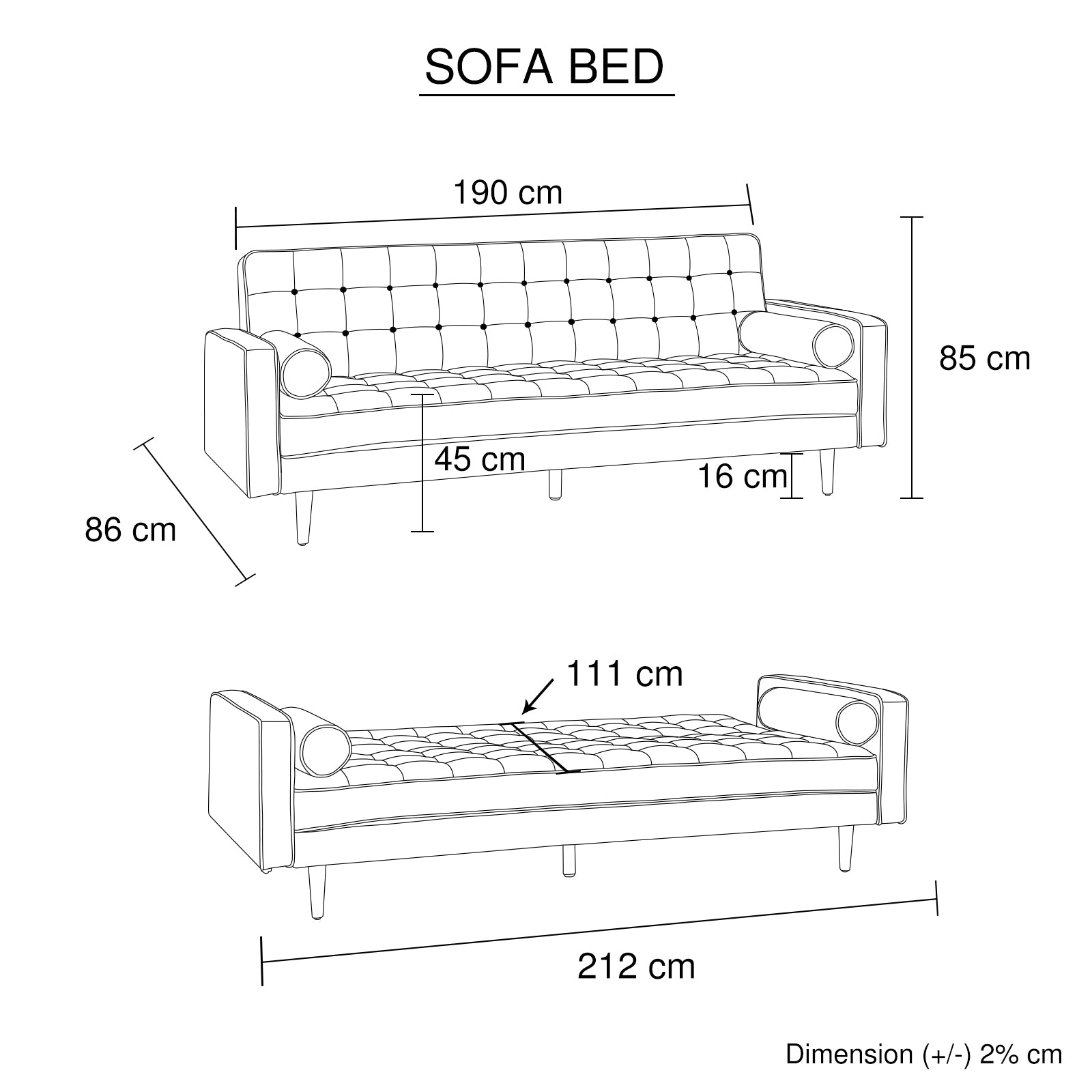 Sofa bed dimension diagram showing 190 cm and 212 cm lengths, 85 cm height