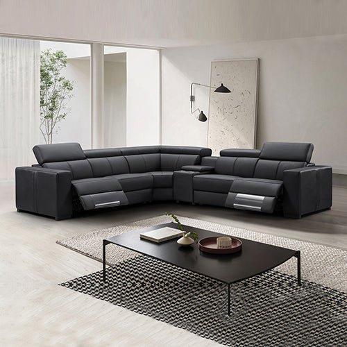 Dark leather corner sofa with two electric recliners and armrests