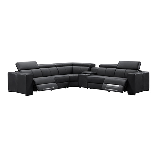Black corner sectional sofa with two recliner seats in an L-shape
