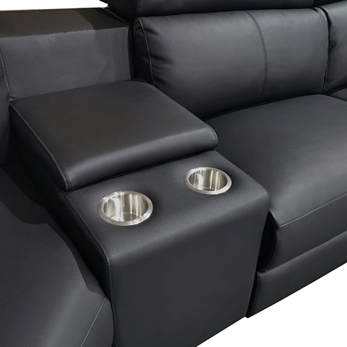 Black leather recliner console area with two round cup holders