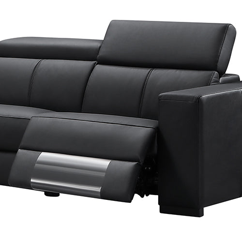 Black leather recliner loveseat with extended footrest and side console